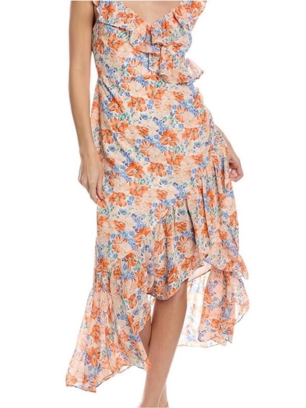 Astr Floral Ruffle Midi Dress in Orange and Blue